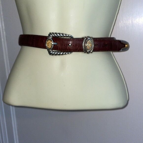 Vtg 1996 Brighton brown snakeskin look belt with silver/gold coin buckle - Picture 1 of 11